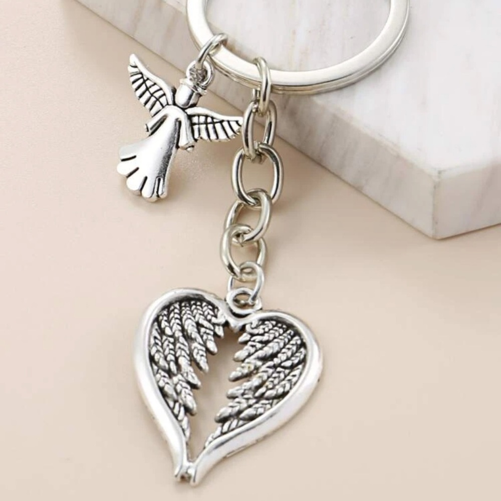 Angel and Wings Charm Keychain Silver Plated Heart - Picture 3 of 5